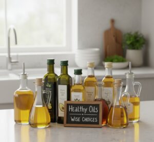 テーブルに並んだ体によい油の画像