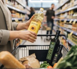 ショッピングセンターで体に良い油を手に取っている画像