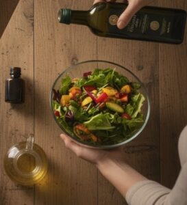 サラダにオリーブオイルを掛けている画像