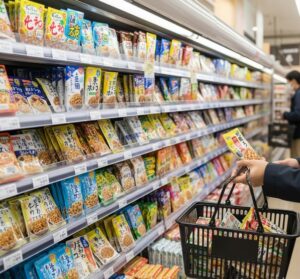 ーパーマーケットの納豆売り場で、買い物客が様々な種類の納豆を選んでいる様子