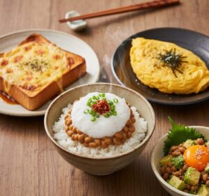 食卓に並べられた、納豆を使った複数のアレンジ料理の画像