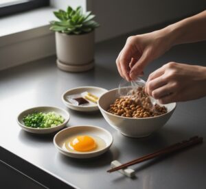 モダンなキッチンカウンターで、一人の手が納豆のパックを開け、箸を準備している画像