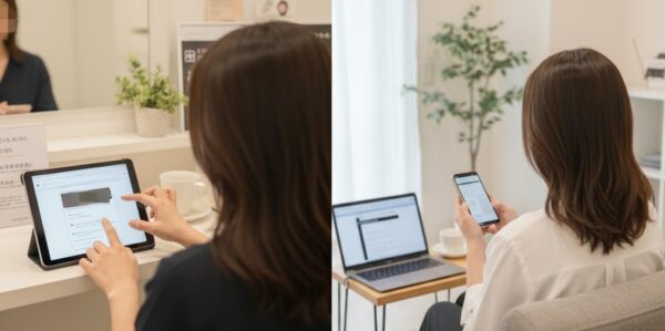 パソコンとスマホ画面で口コミを買おうとしている画像