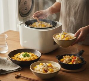 炊飯器の蓋が開き、湯気が立ち上っている。中には炊きあがったばかりの栗かぐやの炊き込みご飯を茶碗に入れている画像