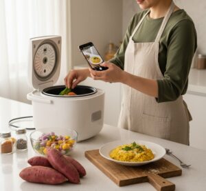 明るいキッチンのカウンターで、スマートフォンやタブレットでレシピ画面を見ながら、エプロンをつけた人の後ろ姿が炊飯器の前に立って炊飯器て調理している画像