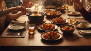 夕暮れ時、温かい光が差し込むダイニングルーム。大きな木製テーブルには、栗かぐやを使った様々な料理が並べられている画像