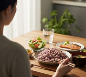 雑穀米を食事に取り入れているシーンで、健康的なライフスタイルを象徴するイメージ