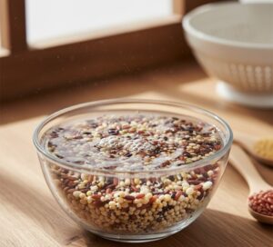 雑穀米を炊飯する前の浸水作業の様子や、水に浸された雑穀米のクローズアップ画像