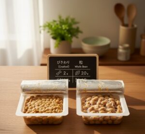 カウンターキッチンに並べられた、ひきわり納豆と粒納豆のパックの画像