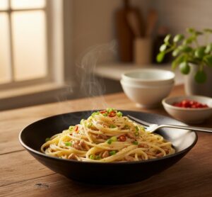 木製のテーブルに置かれた、ひきわり納豆を使った色鮮やかなパスタ。パスタはクリーム色で、ひきわり納豆が麺によく絡みつき、刻んだ青ネギや少量の唐辛子がトッピングされている画像