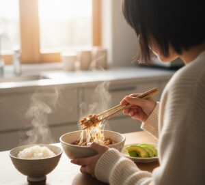 明るいダイニングテーブルで、一人の人物（後姿）が納豆を箸で混ぜている瞬間。納豆の入った器からは、強く混ぜられたことによるネバネバとした糸が力強く伸びている画像