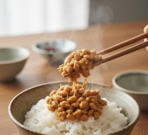 承知いたしました。ひきわり納豆をご飯に乗せている画像を生成します。 6. 【ご飯にひきわり納豆を盛り付ける様子】 温かい白いご飯が盛られたお茶碗に、箸で混ぜたばかりのひきわり納豆をそっと乗せている瞬間