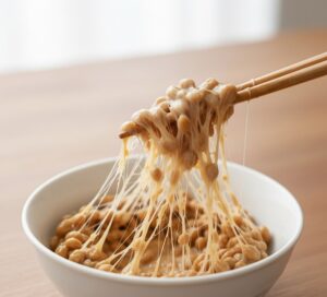 ひき割り納豆を茶碗の中で混ぜている画像