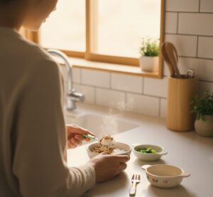 清潔感のあるキッチンカウンターで、小さなお椀にひきわり納豆と他の離乳食（おかゆなど）を盛り付けている親