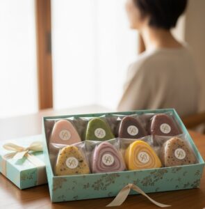 上品なギフトボックスの中に、様々なフレーバーのおむすびケーキがいくつか並んでいる画像