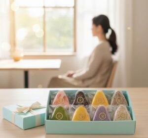 リボンのついたカケースにおむすびケーキが入っている画像