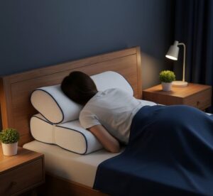 寝室のベッドでうつ伏せになっている女性の画像