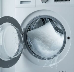 コインランドリーで枕を丸洗いしている画像