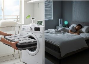 洗濯機で枕を丸洗いしている画像と寝室で枕をしいて寝ている画像