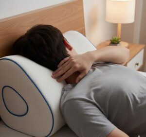 ベッドの上で首を押えながら寝ている女性