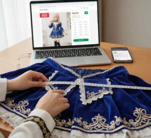 机の上に広げられた華やかなコスプレ衣装の一部（例えば、フリルが特徴的なスカートの裾や、金色の装飾が施された袖など）を採寸している画像