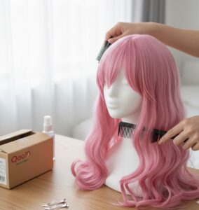 シンプルな背景の部屋で、マネキンヘッドに鮮やかな色（例：ピンクやブルー）のコスプレ用ウィッグが被せられている画像