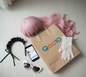 Qoo10のロゴが入ったショッピングバッグとコスプレ衣装の小物の画像