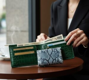 実際に三京紹介のクロコダイルの財布を使用しているシーン