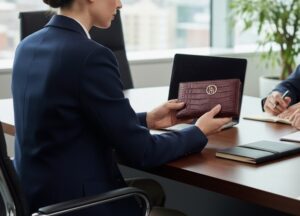 三京商会の財布を手にスマートに打ち合わせをしている後ろ姿