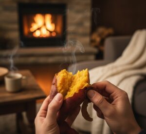 暖炉の前で栗かぐやの焼き芋を楽しむ手元