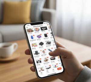 オンラインショッピングの画面をスマートフォンで操作している手元を写した写真