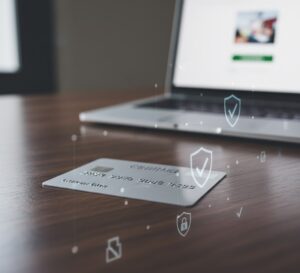 クレジットカードが置かれたテーブルに、オンライン取引の安全性をイメージさせる