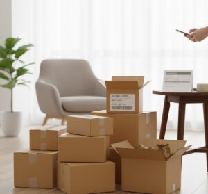 段ボール箱が積み重ねられた状態と、その横に返品伝票や送り状のようなものが置かれているイメージ