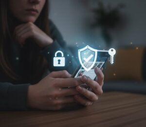 安全性をテーマに、錠前や鍵のアイコンが描かれたスマートフォンの画面を、ユーザーが心配そうに見つめている手元の写真