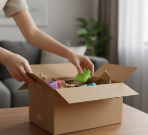 オンラインショッピングで購入した商品が実際に自宅に届き、開封している手元の写真