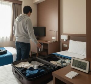 ホテルの部屋で、時計を確認しながら出発の準備をしている画像