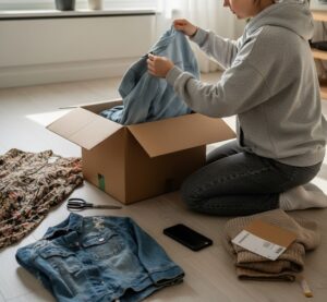 部屋の中で古着を広げ、熱心にチェックしている人物の後ろ姿