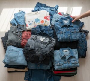 古着が積み重ねられた様子を上から撮影した写真