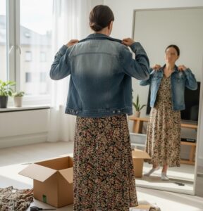 実際に古着を着用し、鏡の前でコーディネートを試している人物の背面ショット