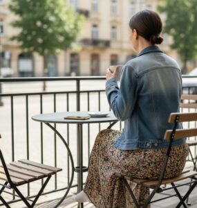 購入した古着を着用し、外出先でカフェに座っている人物の後ろ姿