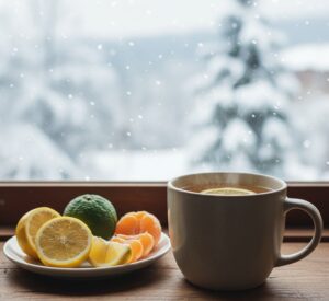 冬の窓辺で温かい飲み物と柑橘系の果物