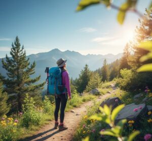 れから始まる登山への期待感を表現。晴れた日の登山道で、遠くの山を眺めている画像