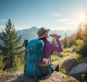 登山中のトイレ事情や女性特有の持ち物セクションに合う、休憩中の登山女子の後ろ姿
