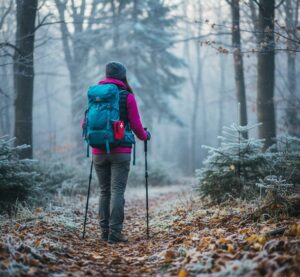 「防寒対策は必須！季節ごとの服装」のセクションに合う、冬の低山を歩く登山初心者女子の後ろ姿