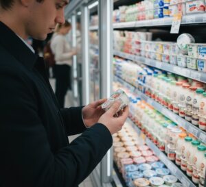 スーパーの冷蔵棚で、消費者がヨーグルトの賞味期限を真剣な表情