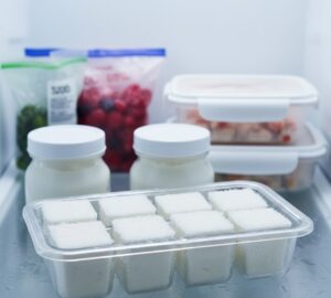 冷蔵庫内で、小分けにされたヨーグルトが冷凍保存されている画像