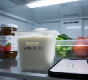冷蔵庫の棚に置かれた、賞味期限が切れたヨーグルトの画像