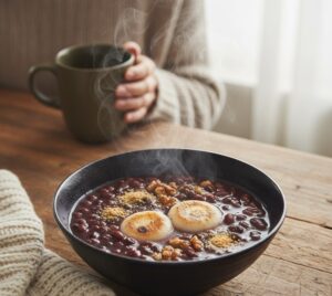 温かいアサイーぜんざいの器から湯気が立ち上っている様子