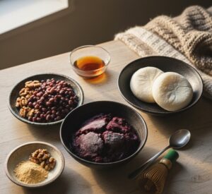 アサイーと小豆、お餅などの材料が並べられた、調理前の準備風景