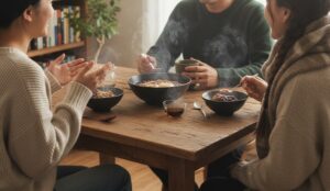 完成したアサイーぜんざいを囲んで、家族や友人と談笑している画像